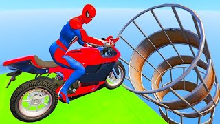 الأبطال الخارقين على القضبان دوامة قمع جسر  SPIDERMANon Motorcycle in Spiral Bridge Stunt Ride [upl. by Havener846]