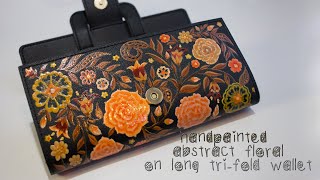 Hand painted Abstract orange floral on long trifold leather wallet  timelapse process [upl. by Ahsykal131]