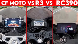 CF MOTO 450SR VS R3 VS RC 390  0 TO 100  TOPSPEED [upl. by Tadio483]