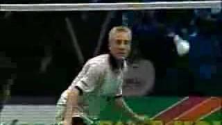 Badminton  Peter Gades Deceptive Shot at Net [upl. by Suiradel13]