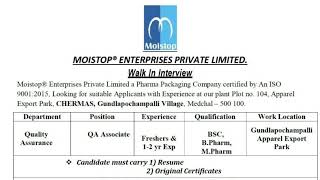 Freshers amp Experience BscBpharmMpharm Walkin 2024 At Moistop Enterprises Pvt Ltd [upl. by Kaspar569]