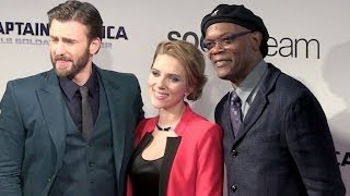 Scarlett Johansson Chris Evans and Samuel L Jackson at the Captain America 2 premiere in Paris [upl. by Yelnikcm]