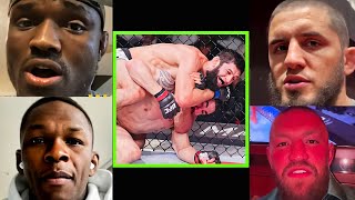 Fighters react Khamzat Chimaev submits Robert Whittaker in round 1 at UFC 308 [upl. by Aria882]