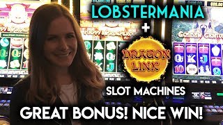 Awesome BONUSES Dragon Link and Lobstermania Slot Machines [upl. by Vokay]