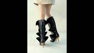 Rivet Buckle Stiletto Heel Denim Pleated Pile Up Boots [upl. by Estell]