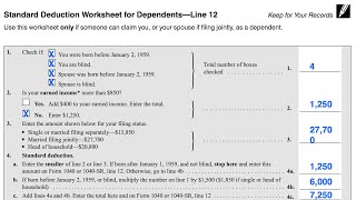 Standard Deduction Worksheet for Dependents walkthrough IRS Form 1040 Instructions [upl. by Lazaro]