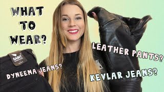 Motorcycle gear What to wear Kevlar jeans leather pants Dyneema jeans [upl. by Yddet]