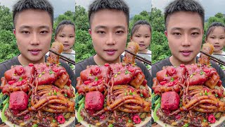 Rural Food Eating Braised Pigs Troter And Spicy Squid  Home Cooking Food [upl. by Yebot]