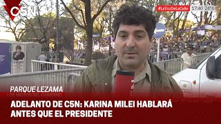 C5N en PARQUE LEZAMA ADELANTO exclusivo del DISCURSO de MILEI [upl. by Arikehs]