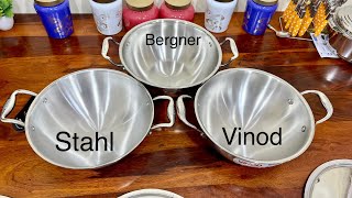 🇮🇳INDIA’S BEST Triply Steel Kadai👍 VINOD Vs STAHL Vs BERGNER Triply Steel Kadai Comparison Sale [upl. by Gader116]