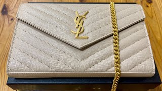 YSL Classic CASSANDRE Chain Wallet in Grain de POUDRE Leather 2024  Dark Beige Unboxing [upl. by Yetnruoc466]