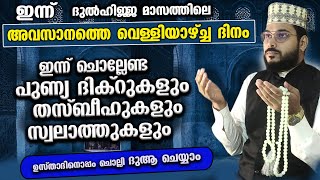 ഇന്ന് ദുൽഹിജ്ജയിലെ അവസാന വെള്ളിയാഴ്ച്ച ദിനം ഇന്ന് ചൊല്ലേണ്ട പുണ്യ ദിക്റുകളും സ്വലാത്തുകളും Swalath [upl. by Yvi410]