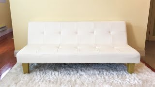 ARIA FUTON SOFA BED TUFTED FAUX LEATHER WHITE COUCH REVIEW AND DEMONSTRATION [upl. by Kipper]