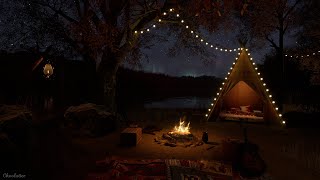 Camping Ambience By The Lake On An Autumn Night With Aurora  Crackling Fire Crickets Water Sounds [upl. by Nonnaer]