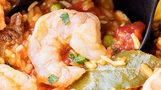 Spanish Chorizo Shrimp and Chicken Paella [upl. by Wallache211]