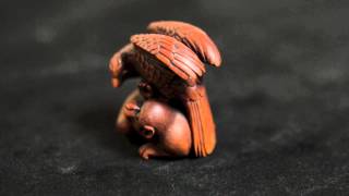 JAPANESE CARVED AND INLAID WOOD NETSUKE [upl. by Amena]