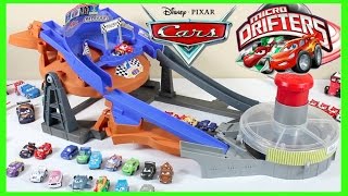 DISNEY CARS TRANSFORMING RACETRACK WITH MICRO DRIFTERS LIGHTNING MCQUEEN RACING WRECK [upl. by Jerrilyn]