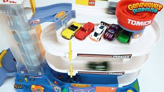 Learn Colors with Hot Wheels cars and motorized Tomica Parking Deck [upl. by Ymorej]