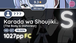 osu Hypo  93★ Someone FCed Karada wa Shoujiki datte Ittenno The Body is Dishonest HDDT [upl. by Ylil29]