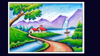 Oilpastel Scenery Drawing  Beautiful Scenery Drawing  Hill with River Scenery Drawing [upl. by Hesoj802]