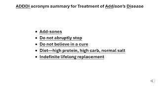 ADDDI acronym summary for Treatment of Addison’s Disease [upl. by Ainud906]