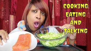 COOKING AND EATING SALMON FILLET WITH SHREDDED BRUSSEL SPROUTS LIVE AND UPFRONT [upl. by Gaynor172]