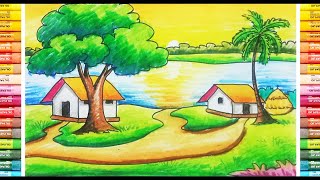 How to Draw a Village Sunrise Scenery  Beautiful Nature Drawing Painting  Step by Step [upl. by Enirhtac]