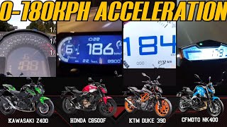 Kawasaki Z400 🆚️ Honda CB500F 🆚️ KTM DUKE 390 🆚️ CFMOTO NK400  0180kph Acceleration 🔥🔥 [upl. by Elysee]