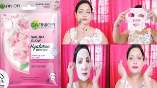 Garnier Sakura glow Hyaluron sheet mask honest review Skin brightening amp hydrating sheet mask [upl. by Walliw]