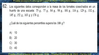 PAES Matemáticas  Pregunta 62  Prueba Proceso de admisión 2024  Rendida Diciembre 2023 [upl. by Shaer]