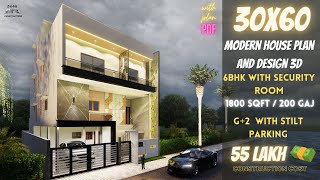 30X60 House Plan 3D  30  60 House Design  1800 Sqft  6 BHK With Car Parking  200 Gaj [upl. by Ultun]