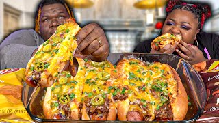 GIANT CHILI CHEESE SAUSAGE DOGS  HASHTAG THE CANNONS  MUKBANG EATING SHOW [upl. by Averat]