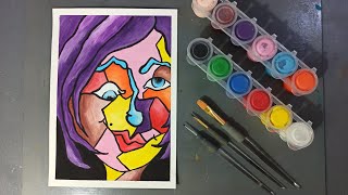 Picasso Tarzı Kübist Portre Çizimi 🌈 Acrylic art benimleçiz uzaktaneğitim geometrikşekiller [upl. by Yvehc]