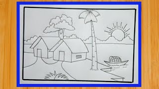 Gramer drisso  easy village house scenery  gaon ka chitra ka drawing with pencil [upl. by Moonier]