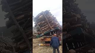 The process of tipping over and unloading wood from a dump truck [upl. by Ashmead]