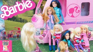 Barbie goes Camping with her Sisters Skipper Chelsea Stacie in the new Barbie Camper Van RV Vehicle [upl. by Aliuqahs]