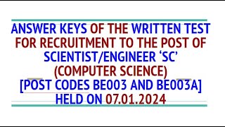 ISRO Answer Keys  Scientist EngineerComputer Science Recruitment Written Test Held on 07012024 [upl. by Iidnarb231]