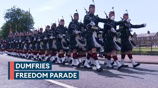 Royal Regiment of Scotland parades through Dumfries in the sun [upl. by Ellerahc]