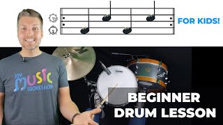 Easy First Drum Set Lesson for Kids  Beginner Drum Beat [upl. by Marentic]