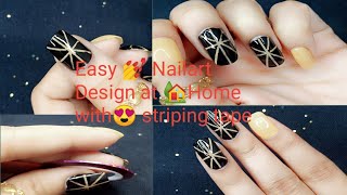 Easy💅 🖤Nail art Design with Striping tape 😍at Home🏡 Striping tape 🖤💅Nail art for Beginners [upl. by Auohc]