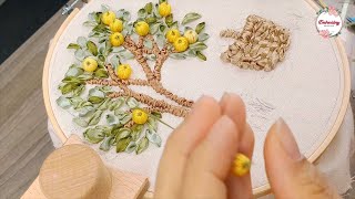 DIY Ribbon Embroidery  Orange Trees  Ribbon Embroidery Art [upl. by Yellat]