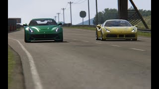 Battle Ferrari F12 Berlinetta vs Ferrari 488 GTB at Highlands [upl. by Aratak205]