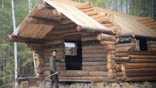 Rustic Log Cabin Roof Build  family visits Secluded Forest [upl. by Yand]