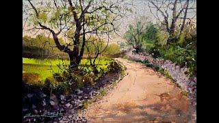 Watercolor painting  Garden Path in Early Morning [upl. by Ramiah]