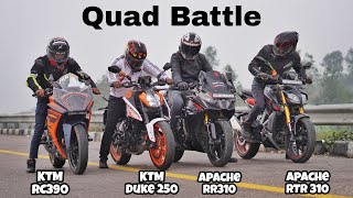 2024 Duke 250 vs Apache RTR 310 vs Apache RR 310 vs KTM RC 390  Drag Race  Quad Battle [upl. by Hamon]