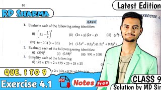 Ex 41 Q1 to Q9  RD Sharma Class 9  Chapter 4 Algebraic Identities  MD Sir 9 [upl. by Raknahs]