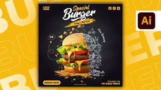 Illustrator CC Tutorial  Graphic Design  Modern Burger Poster Design 🍔⚡ [upl. by Kattie]