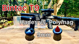 Bintac T9  Ballistic Gel and Wood Penetration Testing  35cal JSB Hades  Polymag [upl. by Enelcaj]