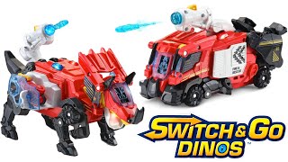 Vtech Switch and Go Triceratops Fire Truck Transforming dinosaur toy with motorcycle launcher [upl. by Giovanna]