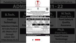 NIFTEM Admission 202122 Opens for Food TechnologyBTechMTechPhDAffiliated by TNAUJob for All [upl. by Habas]